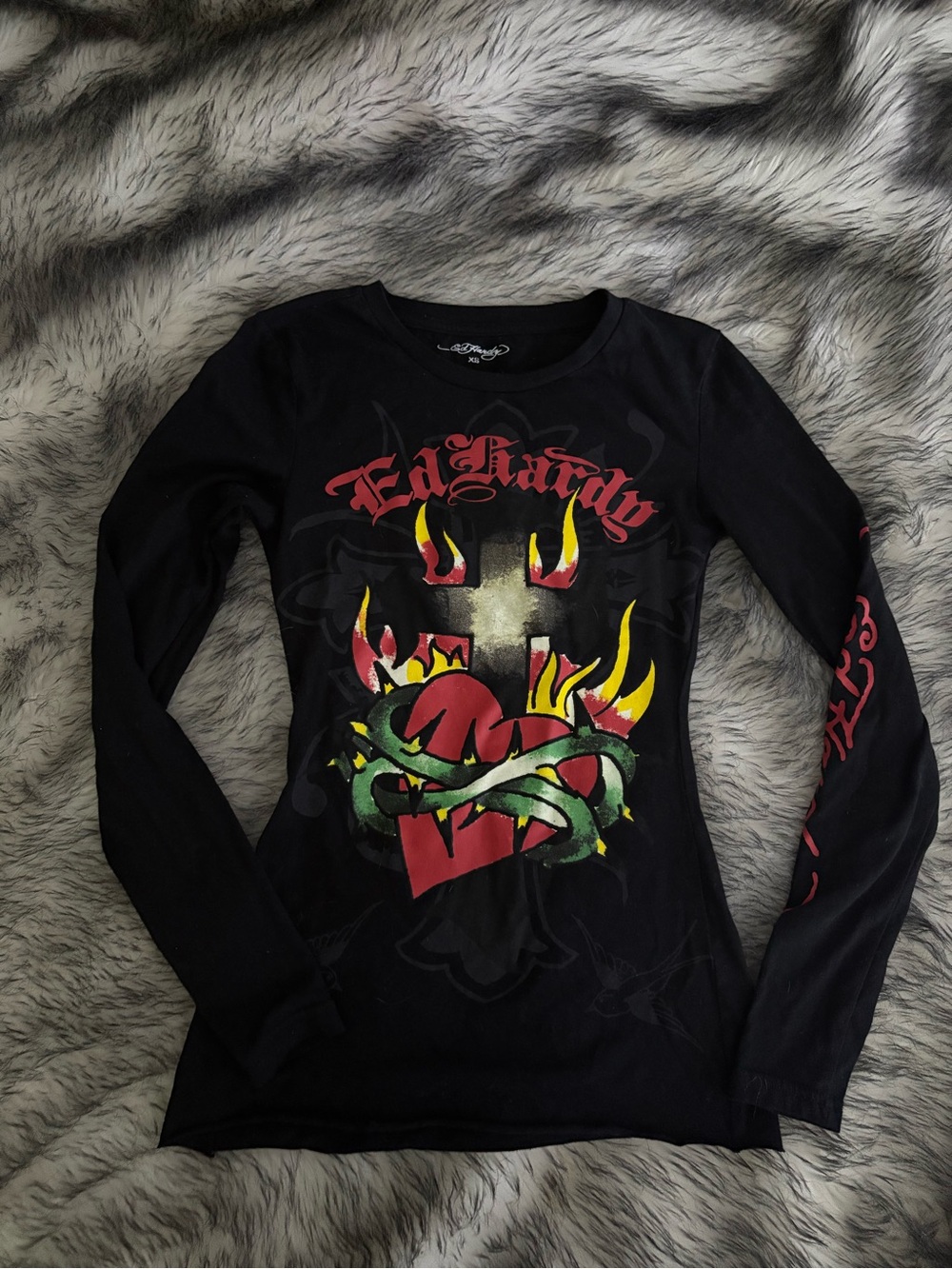 Ed Hardy Black Long Sleeve Tattoo Heart & Flame full length fitted top.
